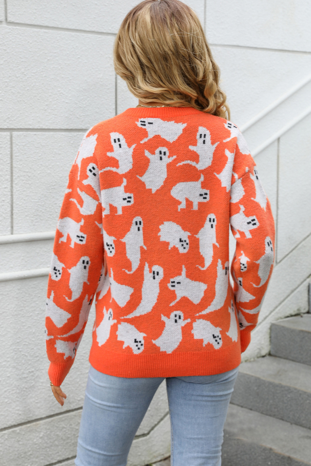 Black Halloween Ghost Allover Drop Shoulder Holiday Sweater