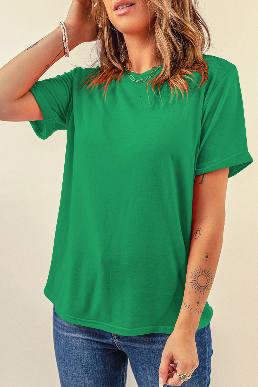 Khaki Casual Plain Crew Neck Tee
