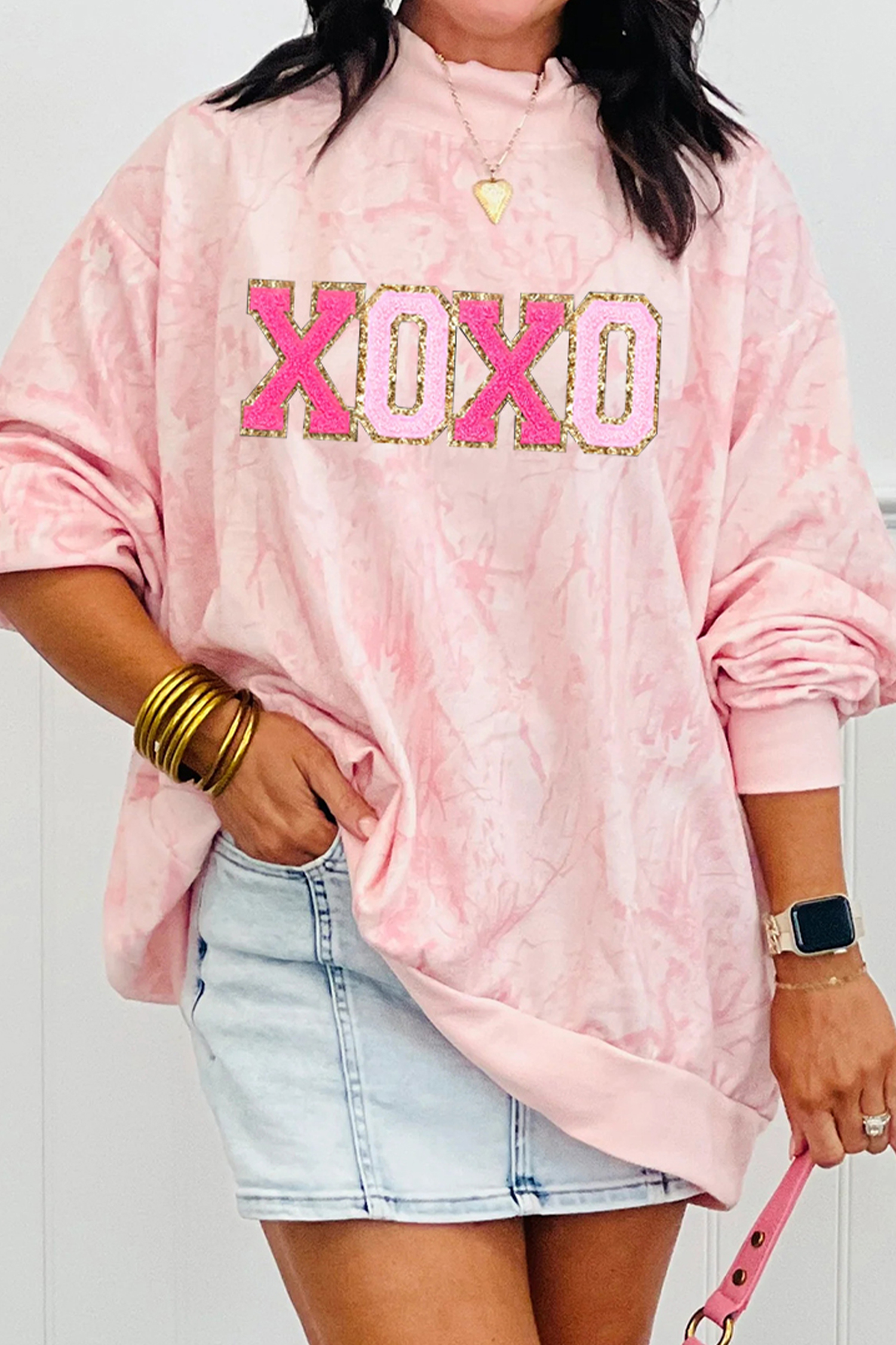 Pink Tie Dye Camo Sequin Love Heart Patched Mock Neck Sweatshirt