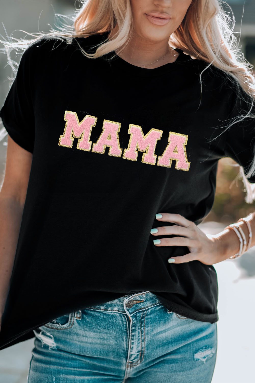 White MAMA Leopard Embroidered Crew Neck Graphic Tee