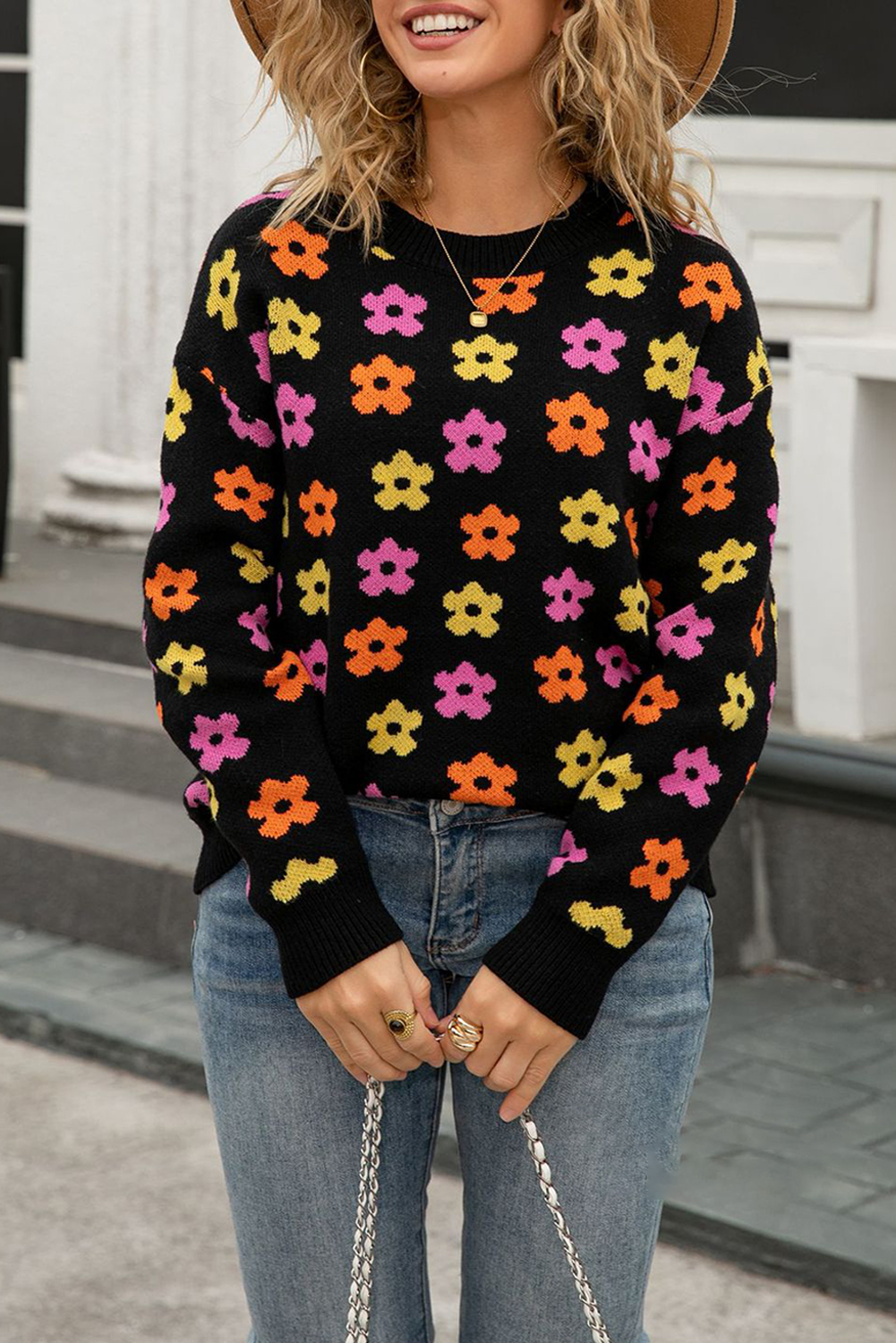 Apricot Cute Flower Allover Ribbed Trimmed Drop Shoulder Pullover Sweater