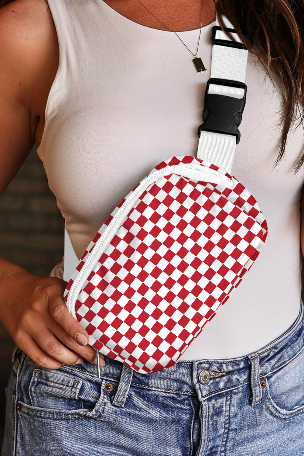 Fiery Red Checkered Print Zipped Buckle Strap Crossbody Bag