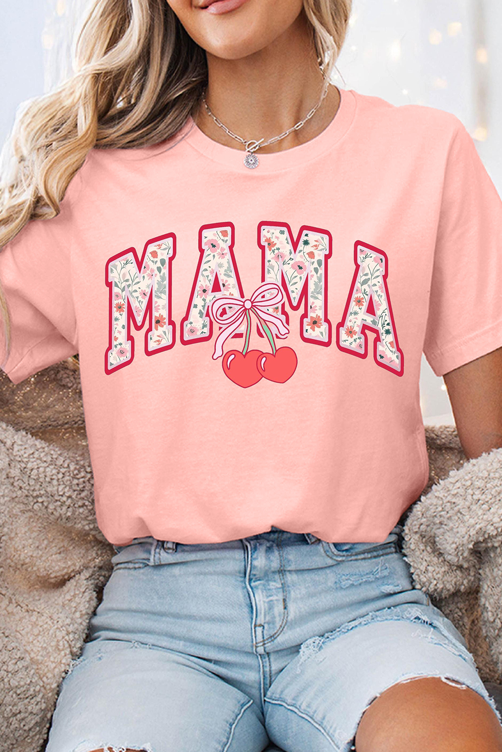 Pink Floral MAMA Cherry Graphic Crewneck T Shirt
