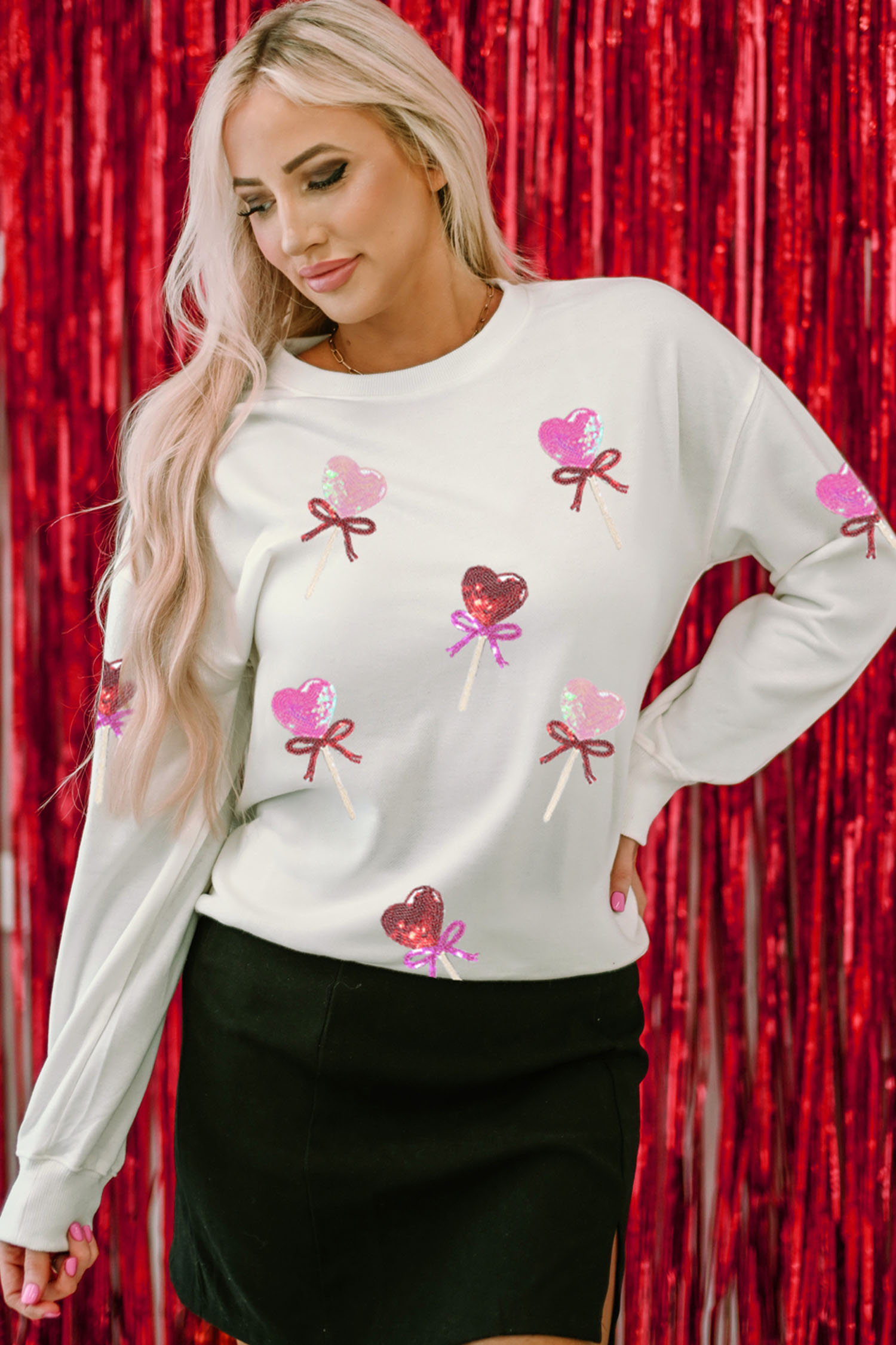 White Sequin Bow Heart Shape Lolly Valentines Day Graphic Sweatshirt