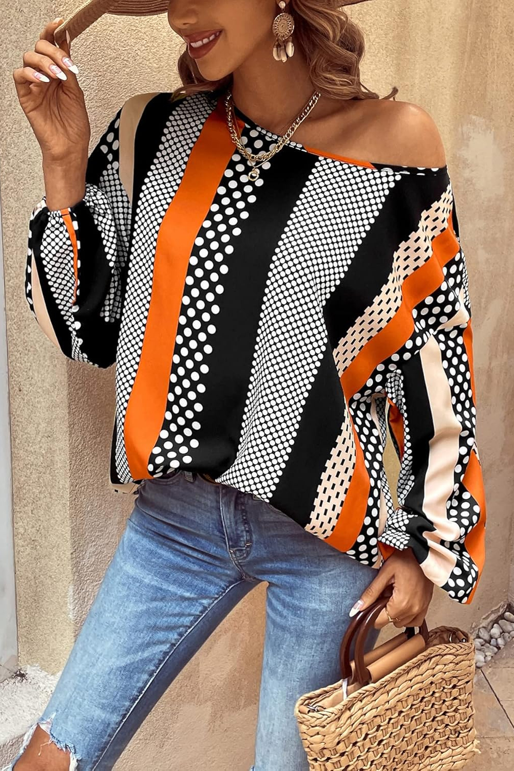 Black Striped Polka Dot Print Ruffled Hem V Neck Mini Dress