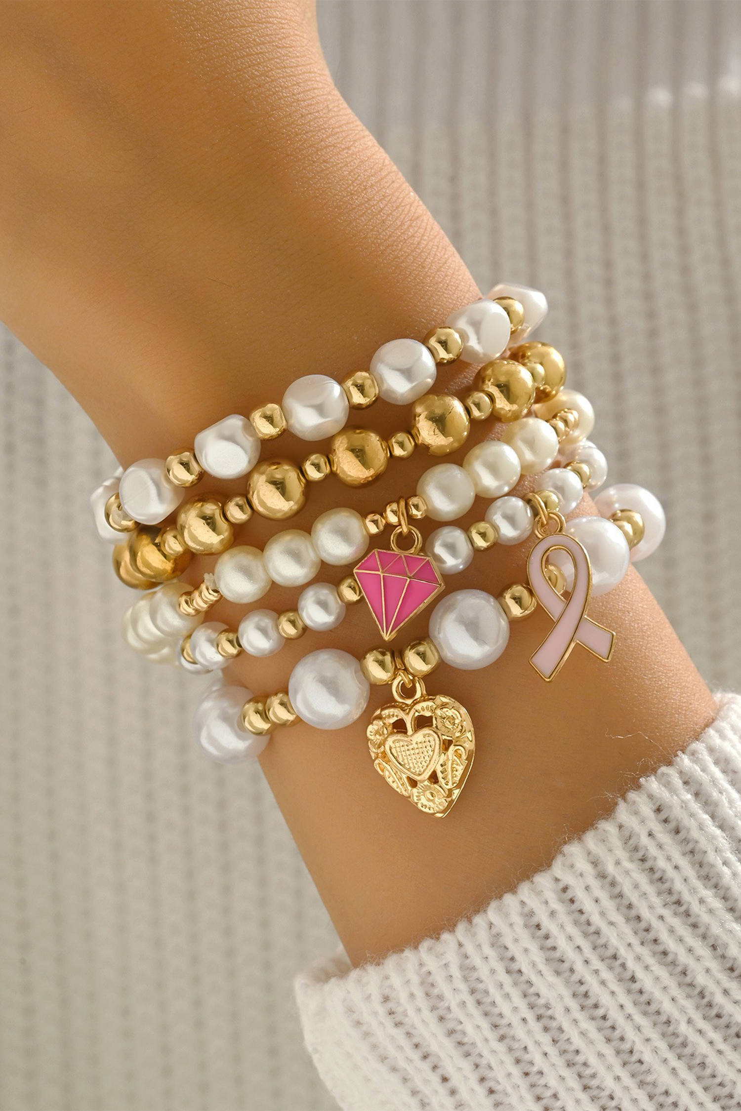 Gold Plated Pearl Beads 5pcs Valentines Day Bracelet Set
