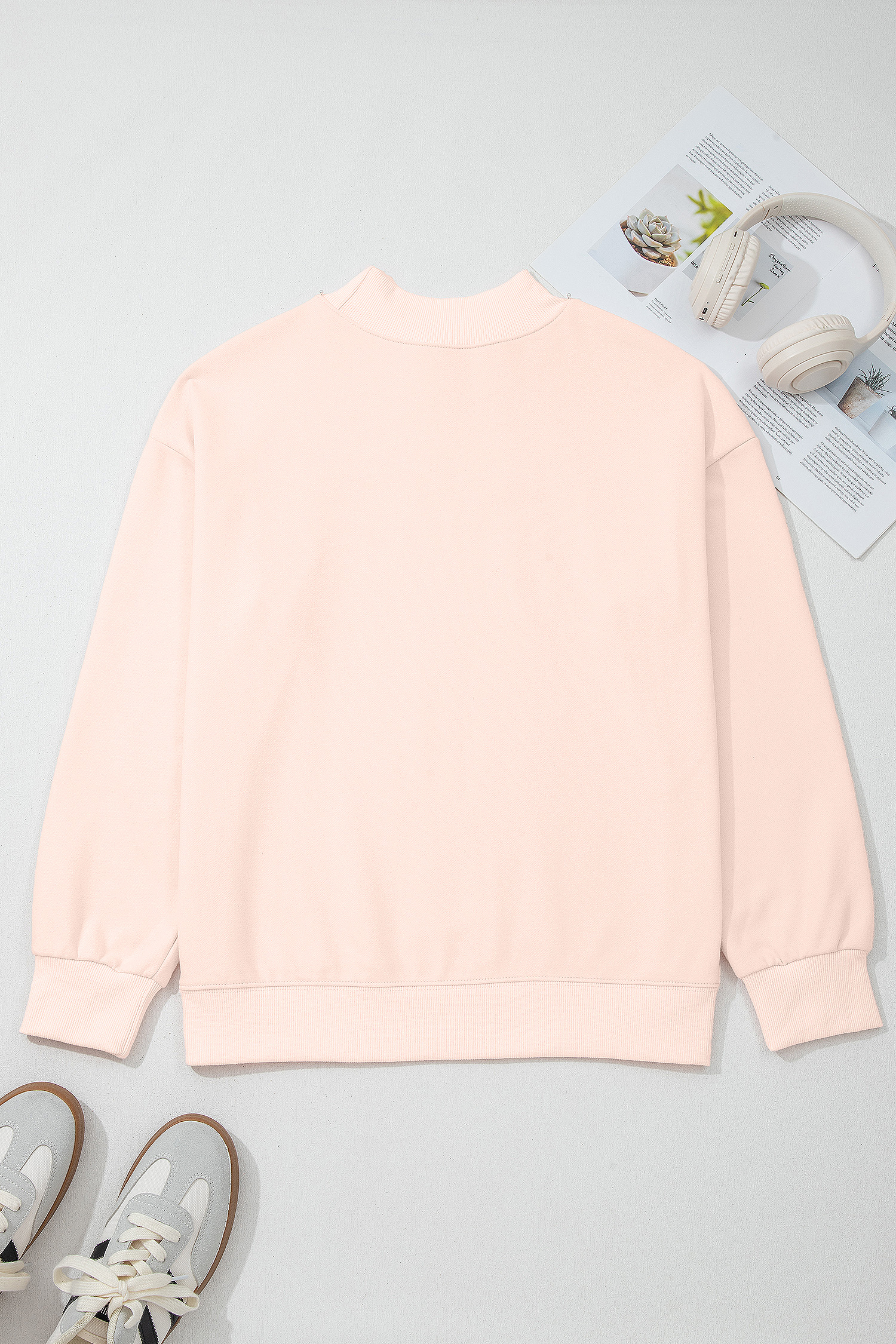 Apricot Pink Sequin Love Heart Patched Mock Neck Sweatshirt