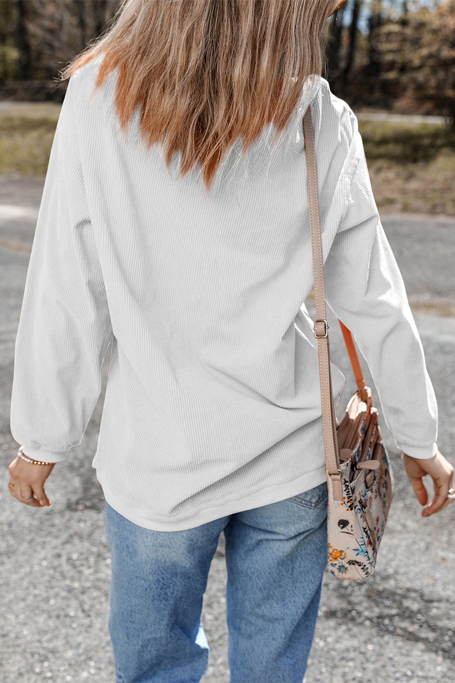 White Mardi Cheerful Bow Printed Corded Ribbed Sweatshirt