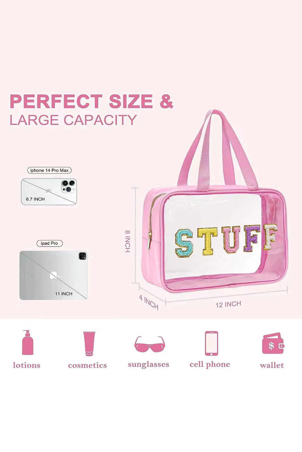 Light Pink TRAVEL Chenille Letter Clear PVC Makeup Bag
