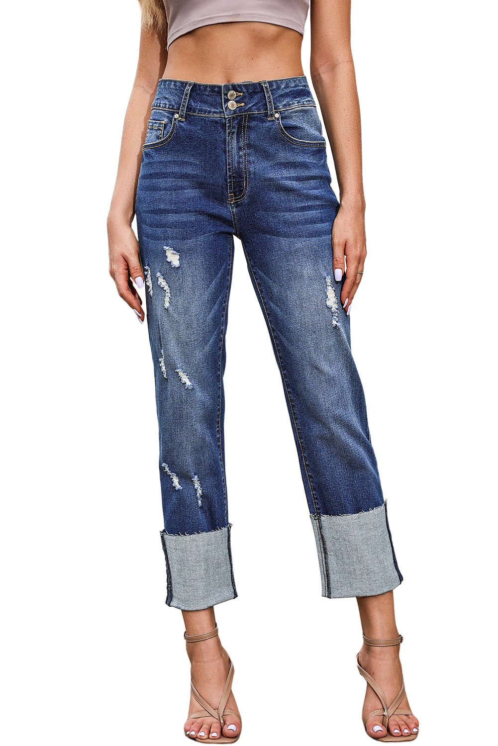 High Waist Distressed Straight Leg Jeans