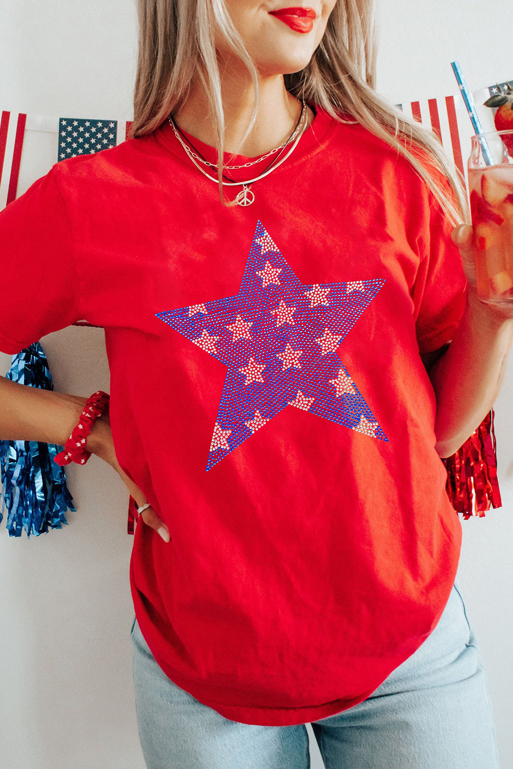 Red Rhinestone Star Pattern Independent Day T Shirt