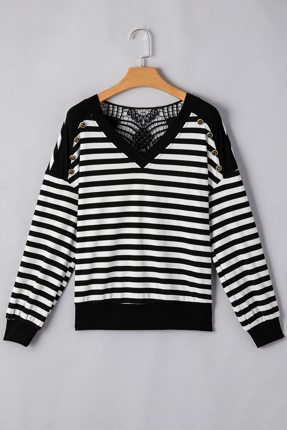 Black Stripe Crochet Hollow-out Back Buttoned Shoulder V Neck Top
