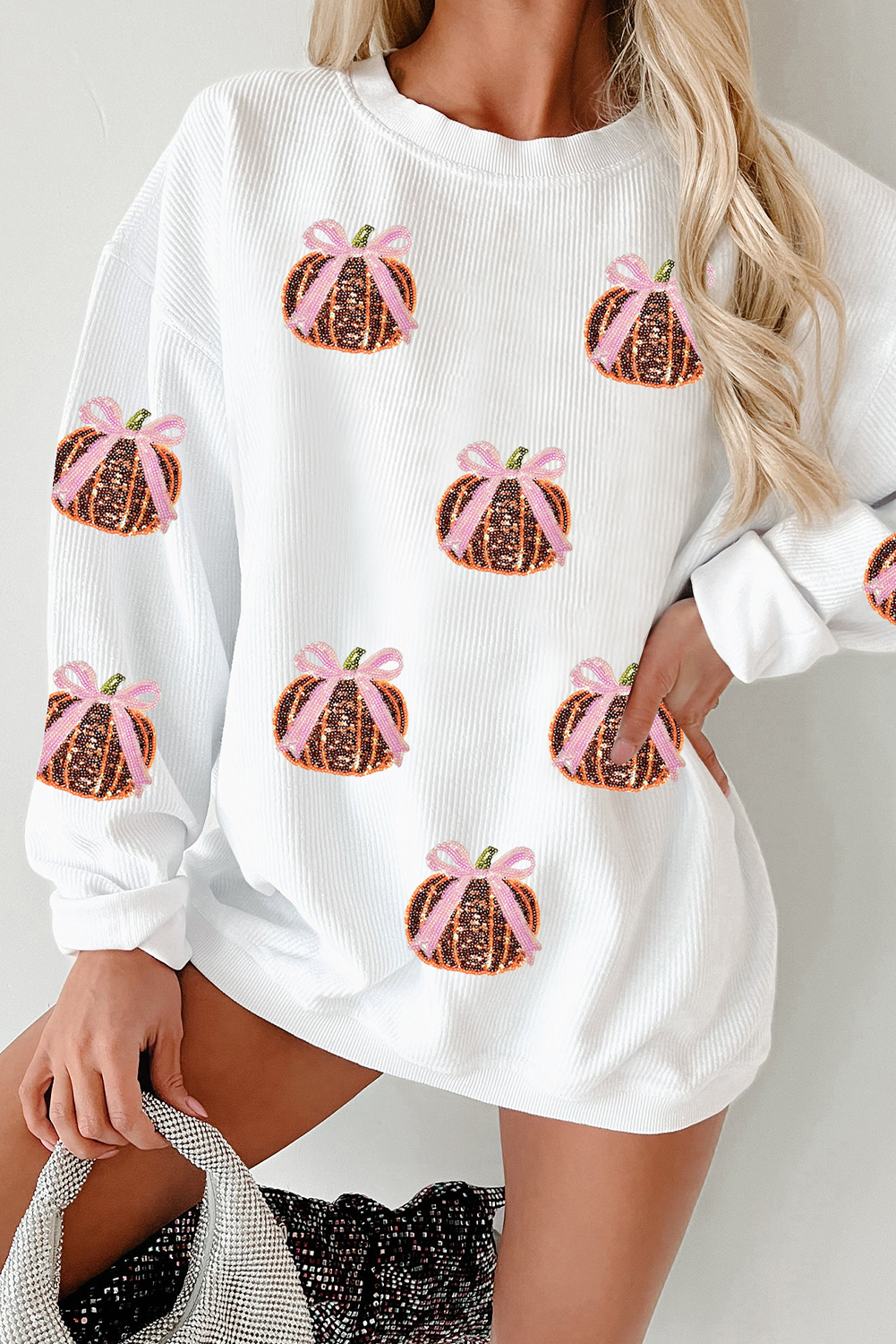 White Twisted Ribbed Sequin Bow Pumpkin Graphic Baggy Sweatshirt