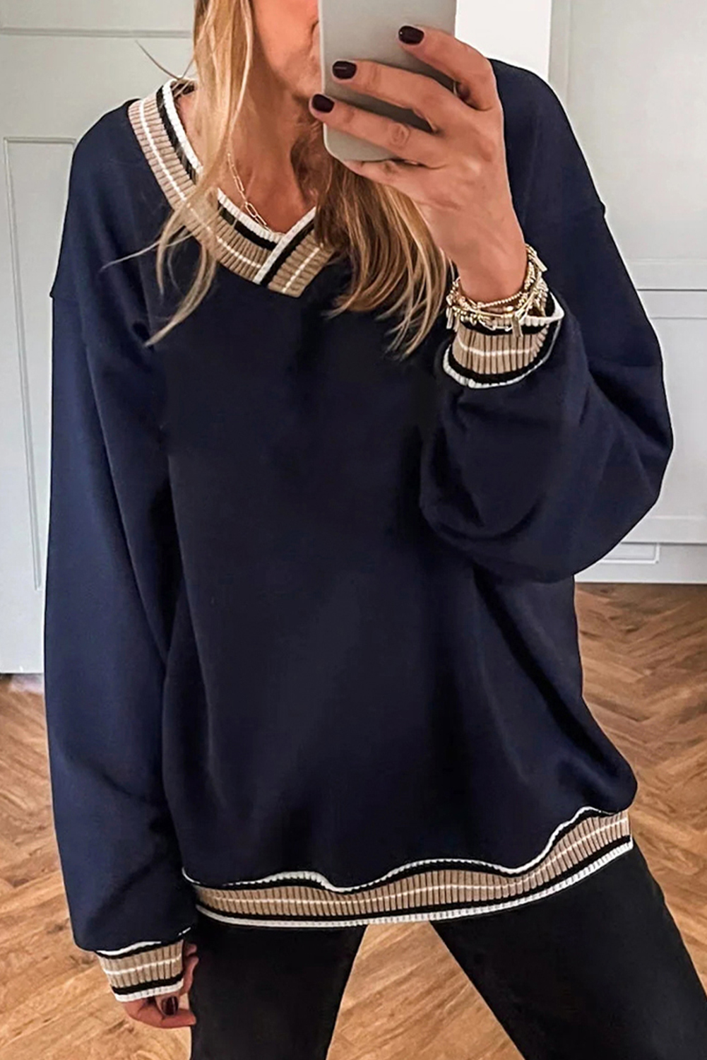Gray Varsity Contrast Striped Trim V Neck Sweatshirt