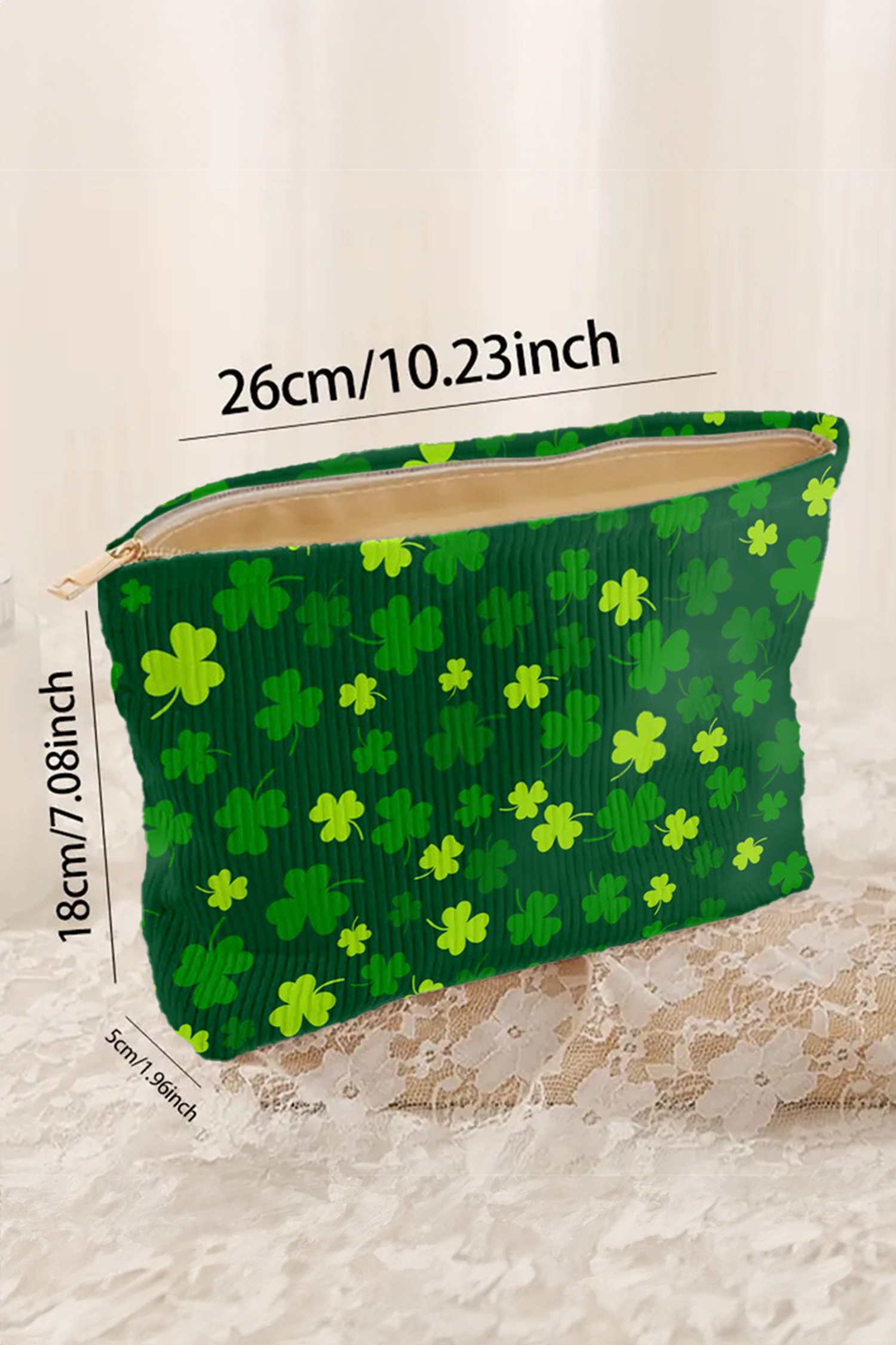 Blackish Green St Patricks Lucky Clover Printed Soft Ribbed Makeup Bag