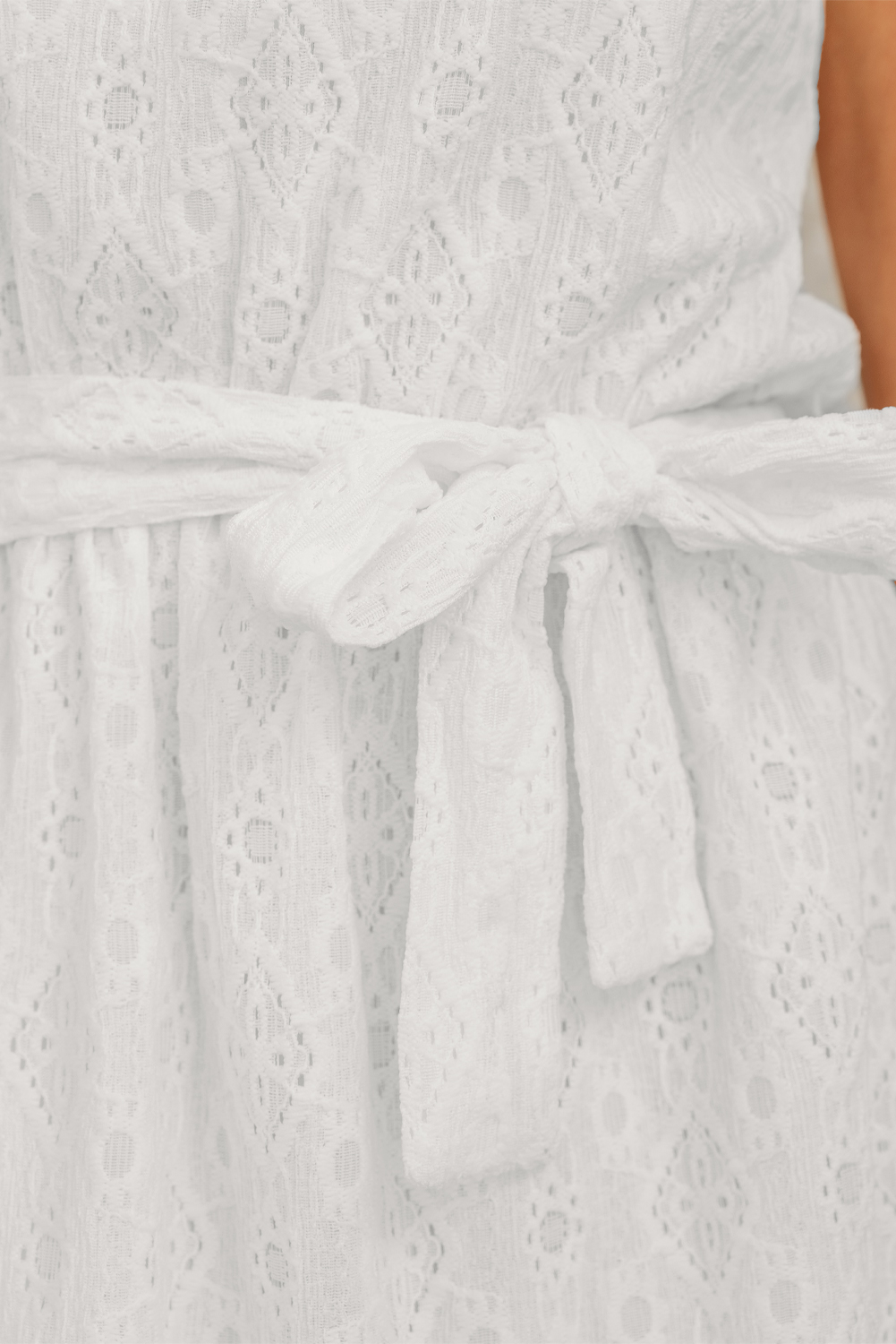 White Lace Sleeveless Knot Hollow Out Back Tied Waist Mini Dress