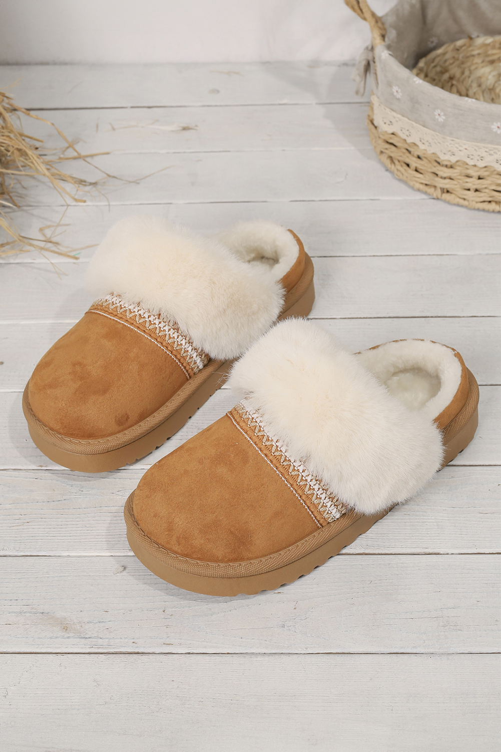 White Faux Suede Plush Trim Ethnic Mule Slippers