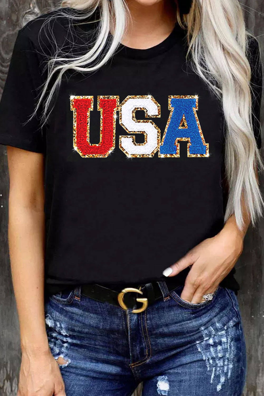 Gray Blooming USA Flag Print Casual T Shirt