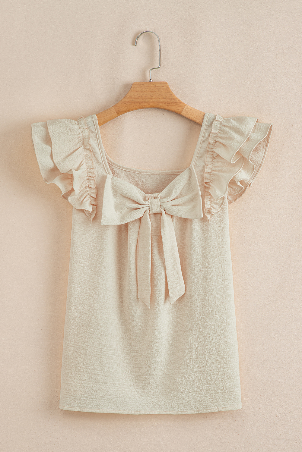 Beau Blue Textured Bow Knot Frilled Butterfly Sleeve Blouse