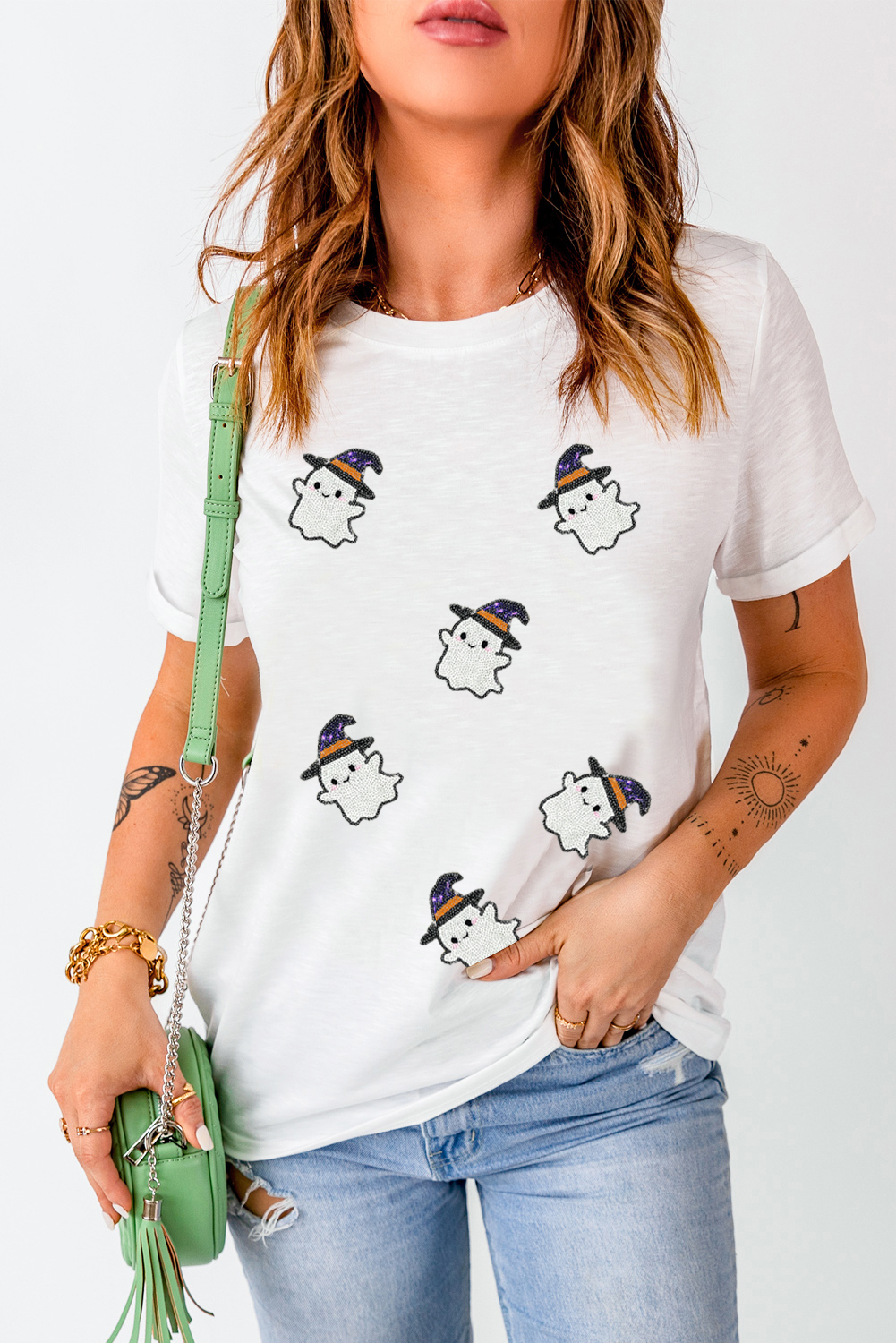 Wisteria Glitter Trim Chenille Ghost Patched Halloween Graphic Tee