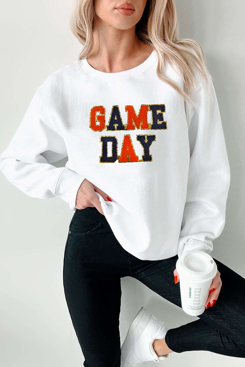 White GAME DAY Chenille Letter Graphic Sweatshirt