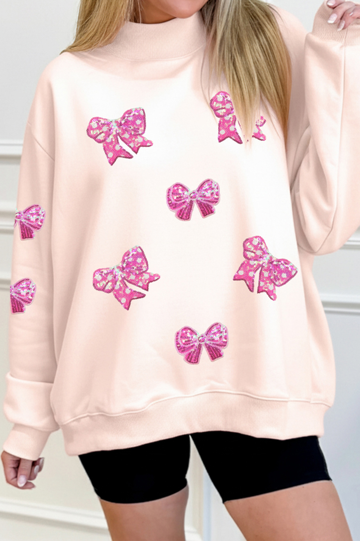 Apricot Pink Cowgirl Element Embroidered Detail Mock Neck Sweatshirt