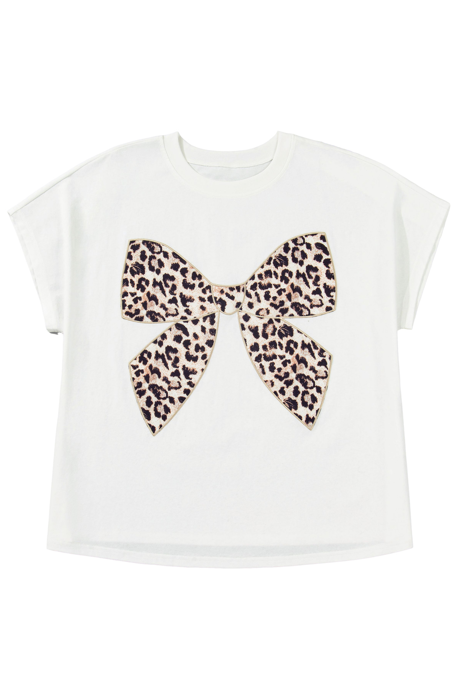 Pink Leopard Bow Embroidered Cotton Round Neck T Shirt
