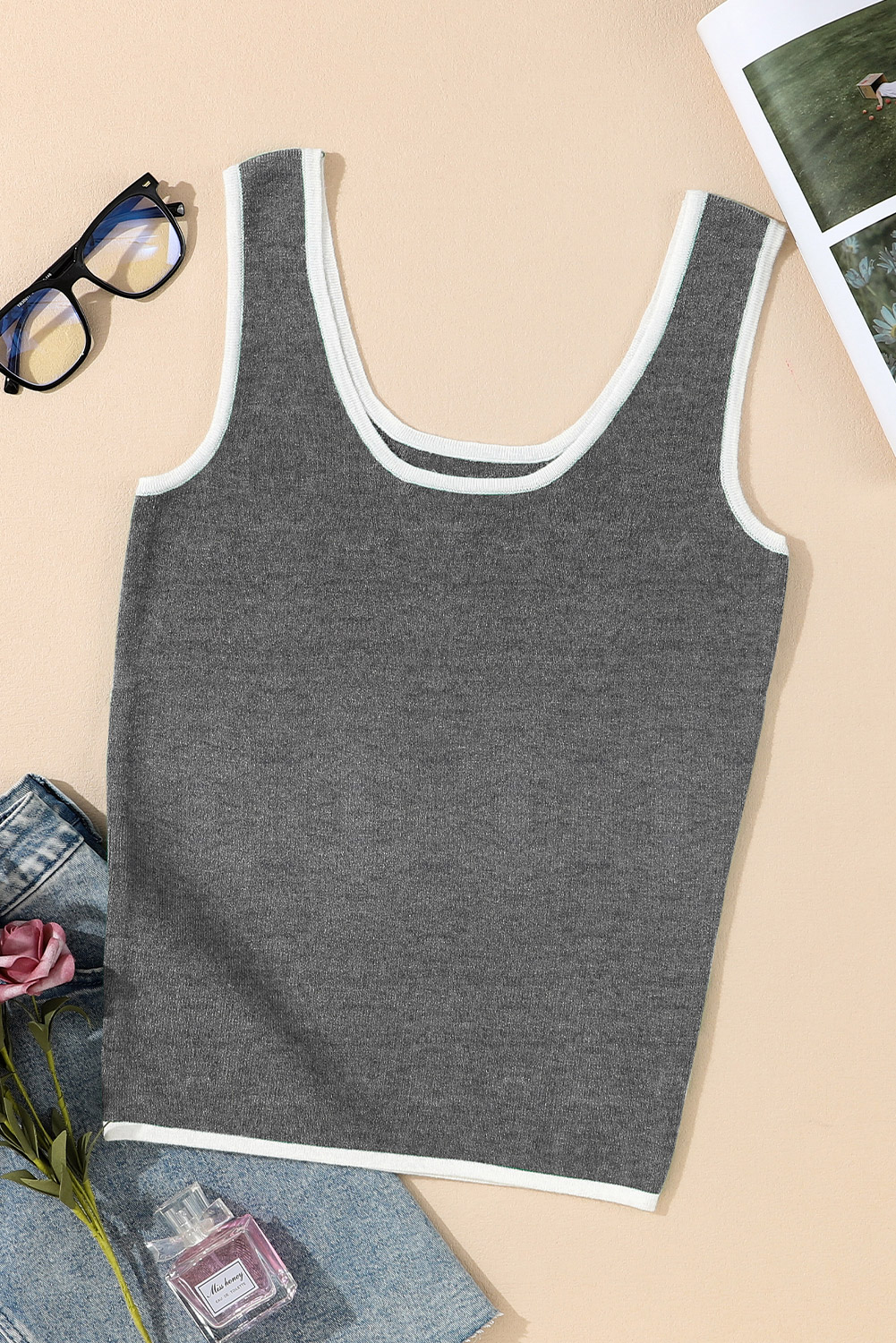 Dark Green Lightweight Ribbed Knit Contrast Trim Sweater Vest