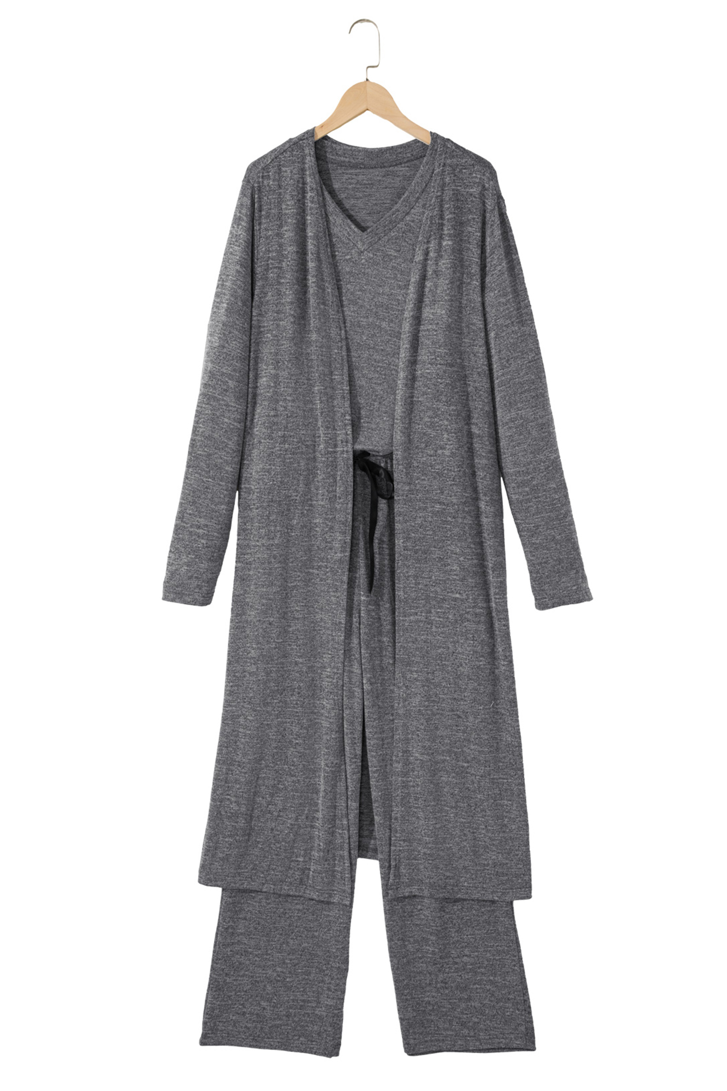 Delicacy 3pcs V Neck T Shirt Ribbon Knot Pants Open Duster 3pcs Lounge Set