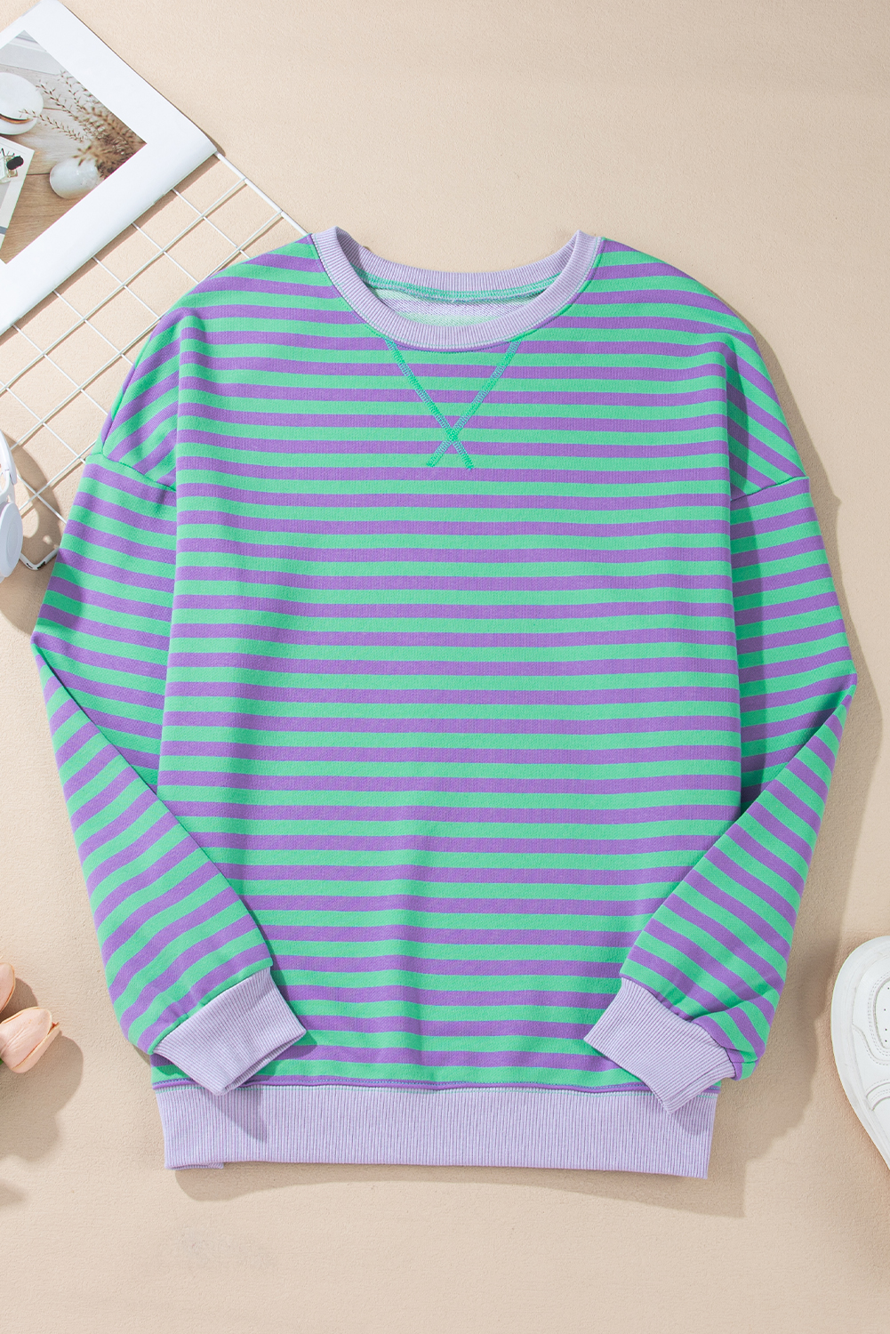 Red Stripe Contrast Ribbed Trim Crossed Stitch Drop Shoulder Sweatshirt