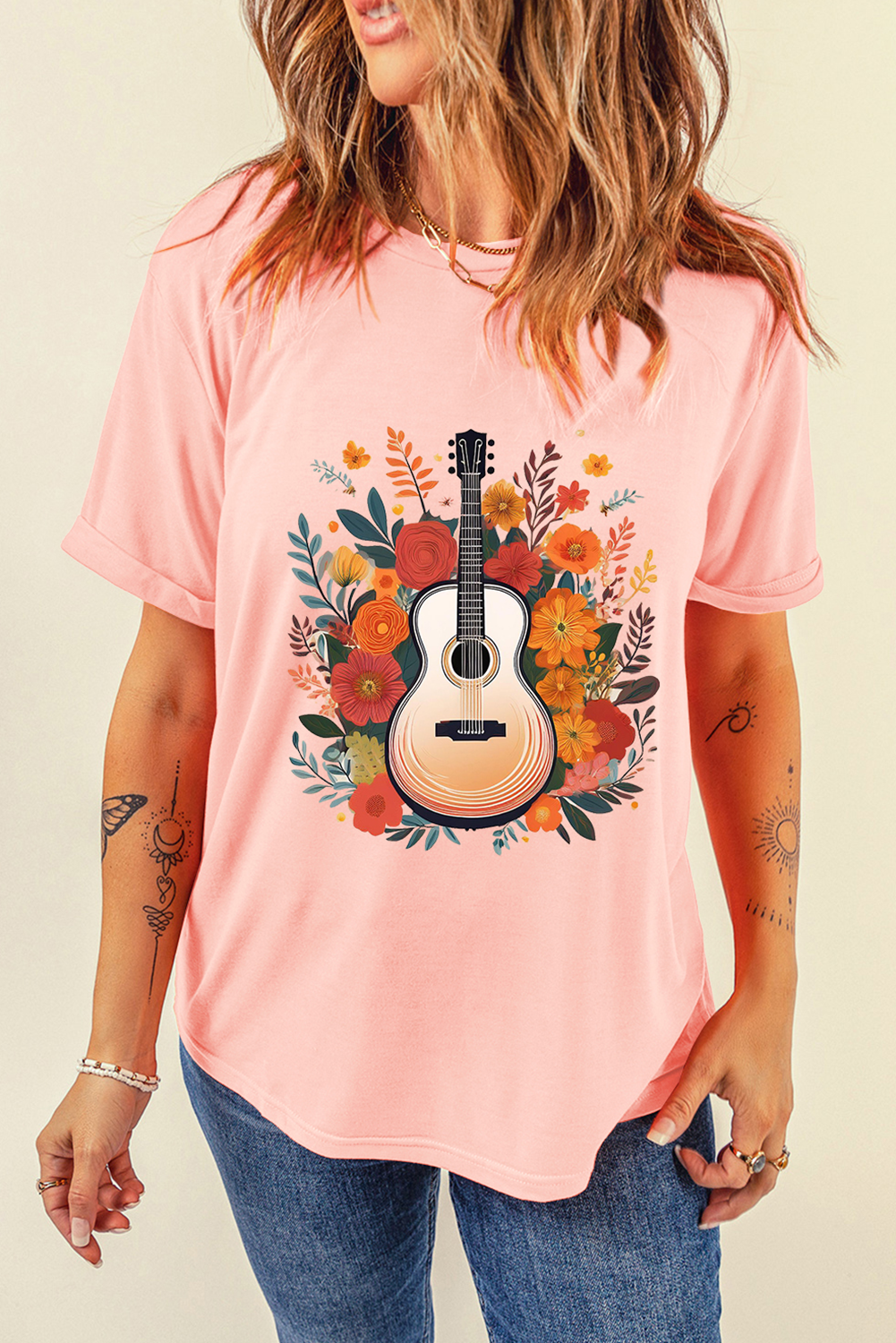 Pink Guitar Flower Print Crew Neck Loose T Shirt