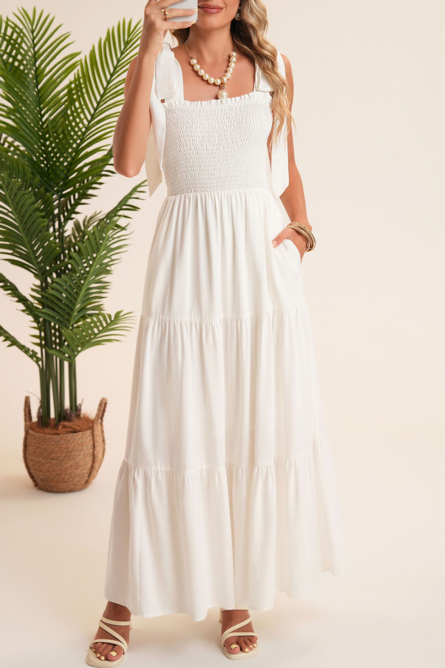 White Customizable Knot Straps Smocked Bodice Tiered Blank Maxi Dress