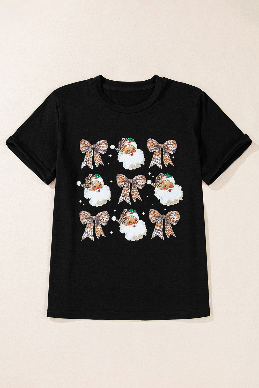 Black Santa Claus Leopard Bow Print Crew Neck Casual T Shirt