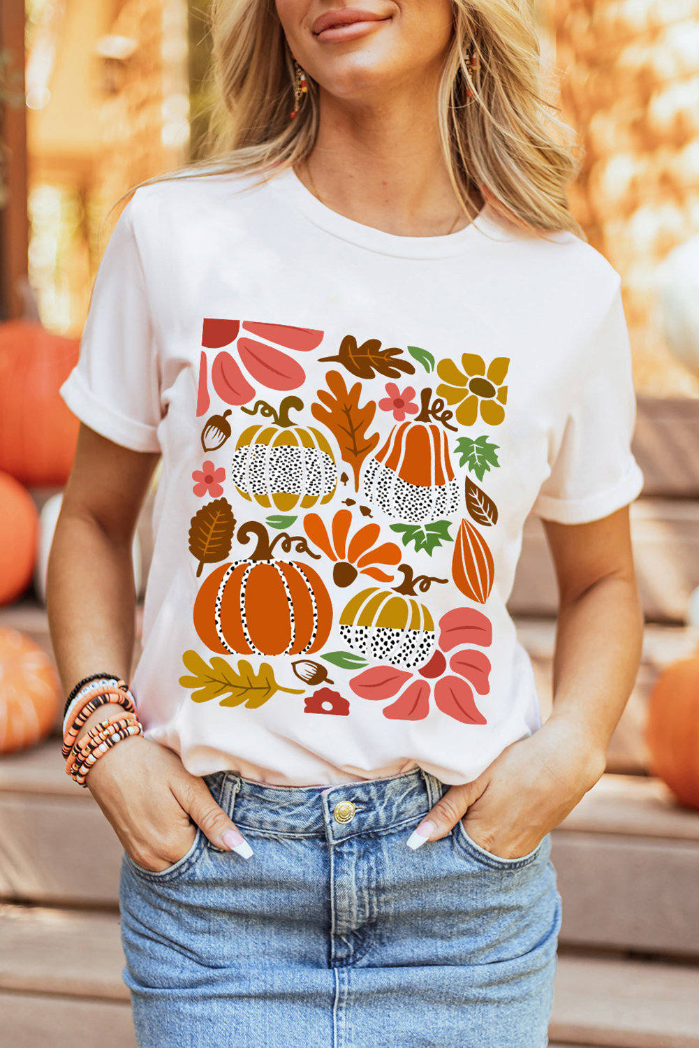 White Pumpkin Flower Print Fall Graphic Cotton Blend Tee