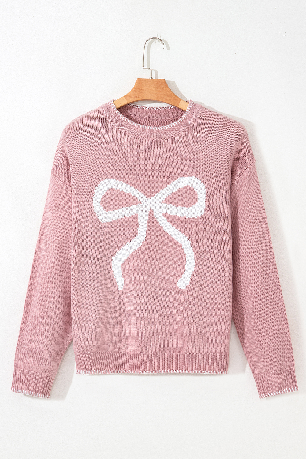 White Bow Pattern Contrast Trim Christmas Loose Graphic Sweater