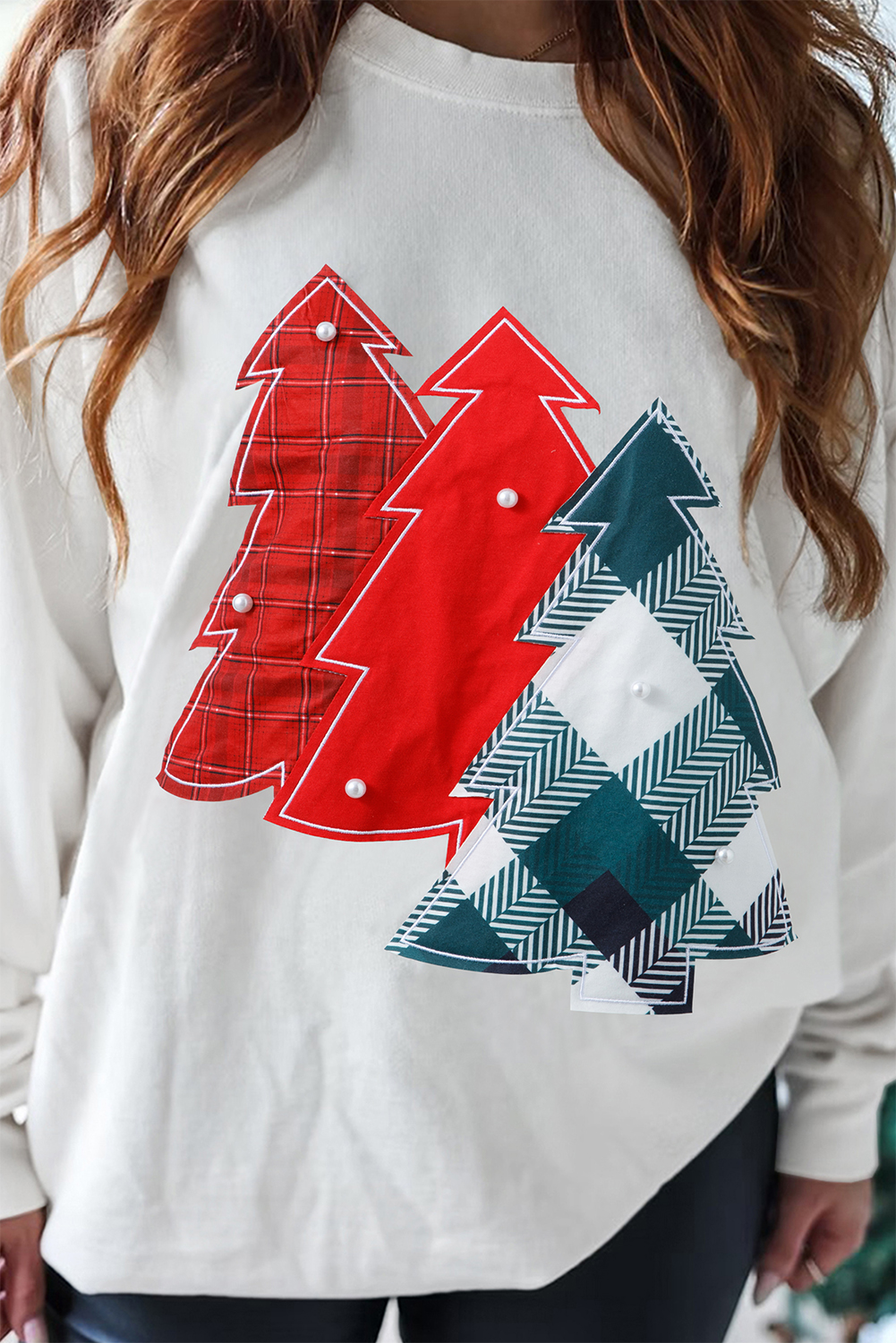 White Pearl Plaid Christmas Tree Patched Drop Shoulder Sweatshirt