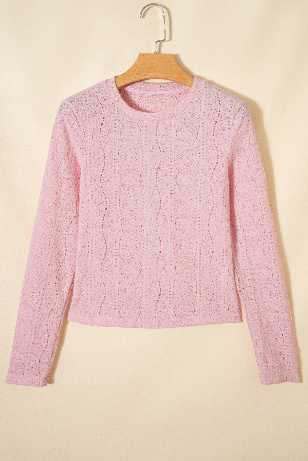 Light Pink Semi Sheer Lace Long Sleeve Cropped Top