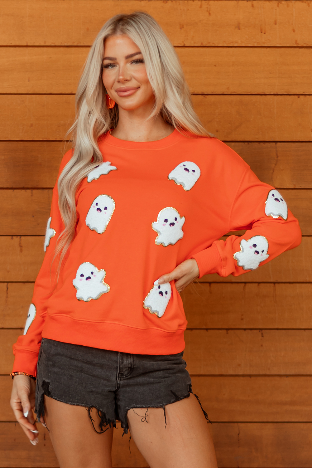 Orange Halloween Ghost Cute Patched Pattern Holiday Sweatshirt