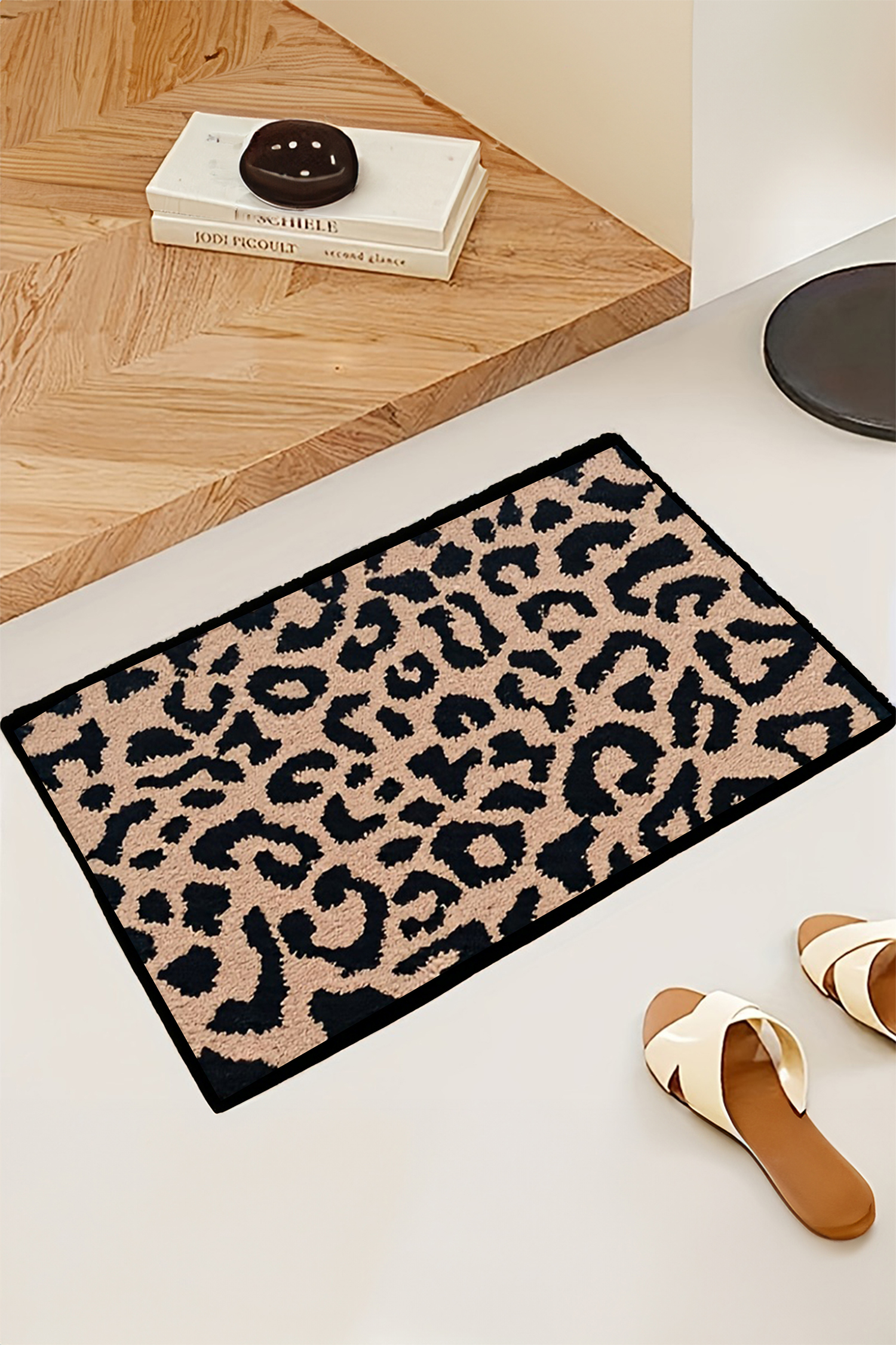 Light French Beige Leopard Faux Cashmere Wool Spinning Entrance Mat