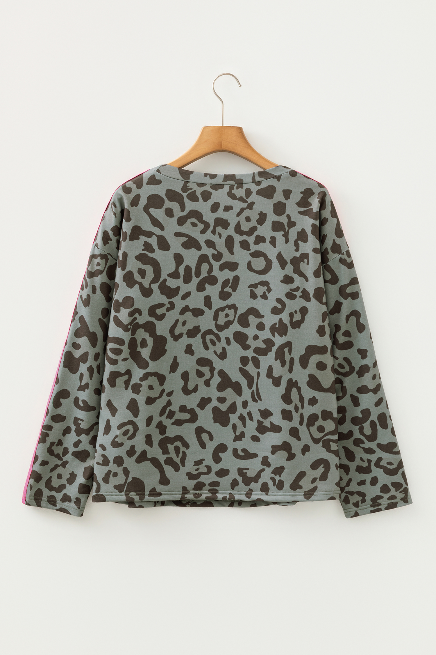 Gray Leopard Print Varsity Striped Trim Long Sleeve Top