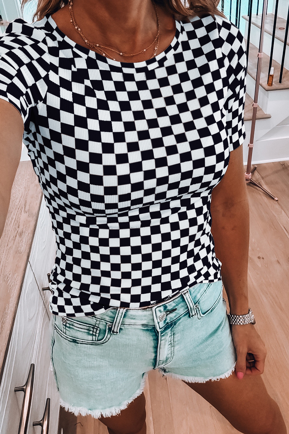 Pink Checkered Ribbed Slim Fit Crew Neck T Shirt