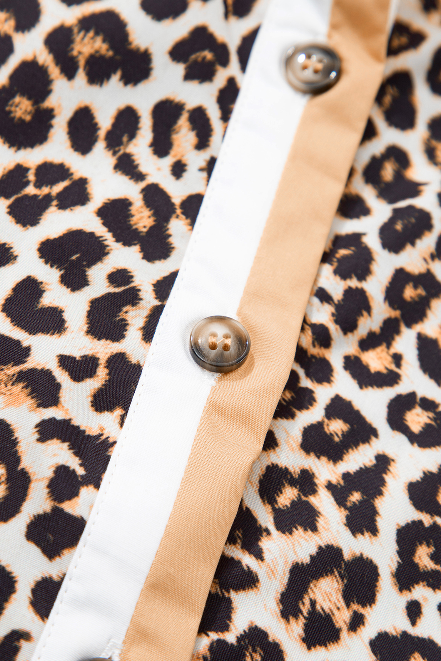 Multicolour Button Striped Collar Leopard Print Long Sleeve Flared Dress