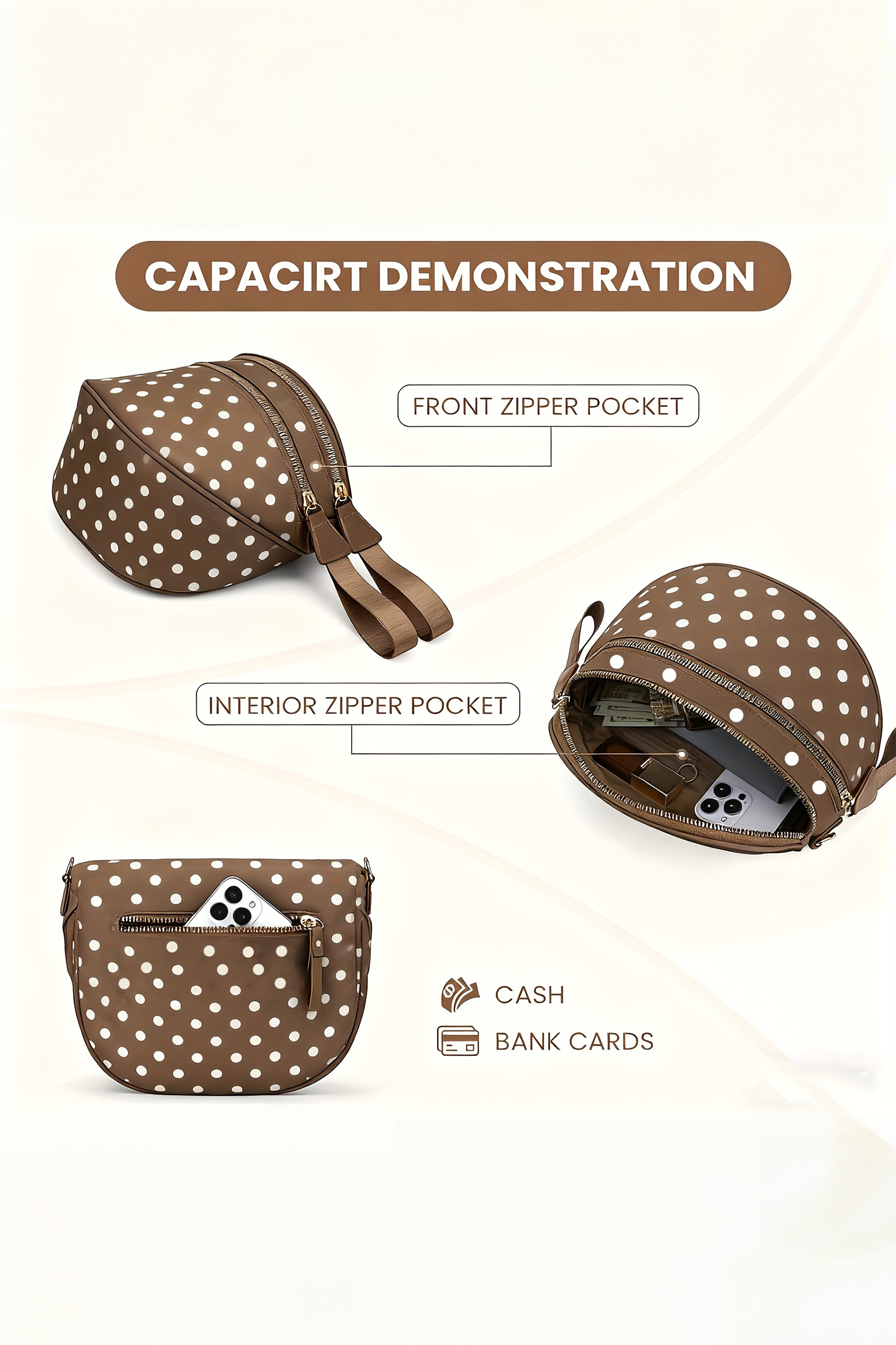 Camel Polka Dot Print Gold Chain Strap Double Zipper Crossbody Bag