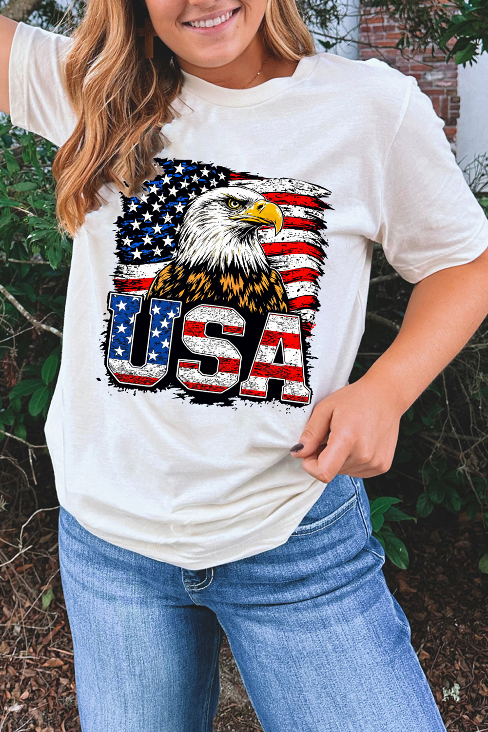 White USA Flag Eagle Graphic 4th July T Shirt