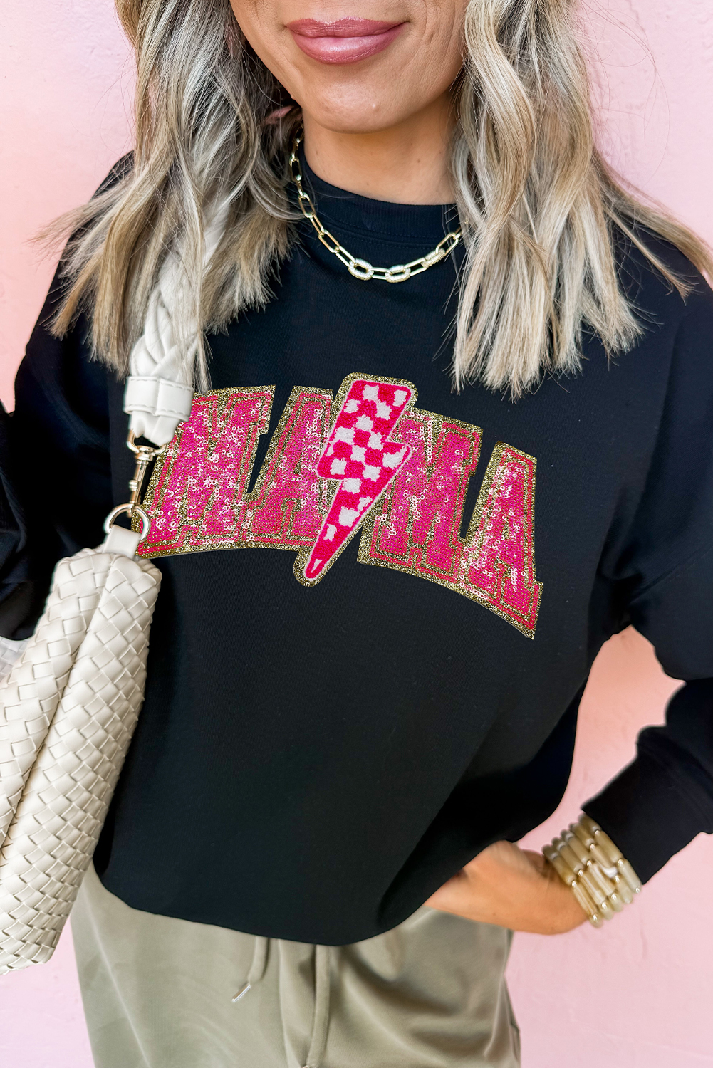 Black MAMA Shiny Graphic Pullover Sweatshirt