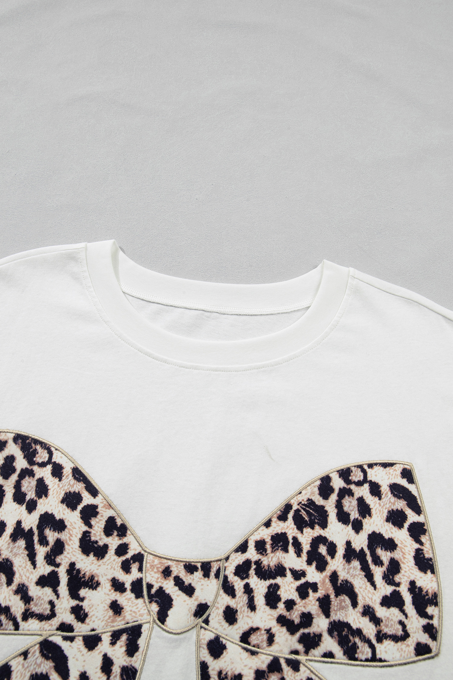 Pink Leopard Bow Embroidered Cotton Round Neck T Shirt