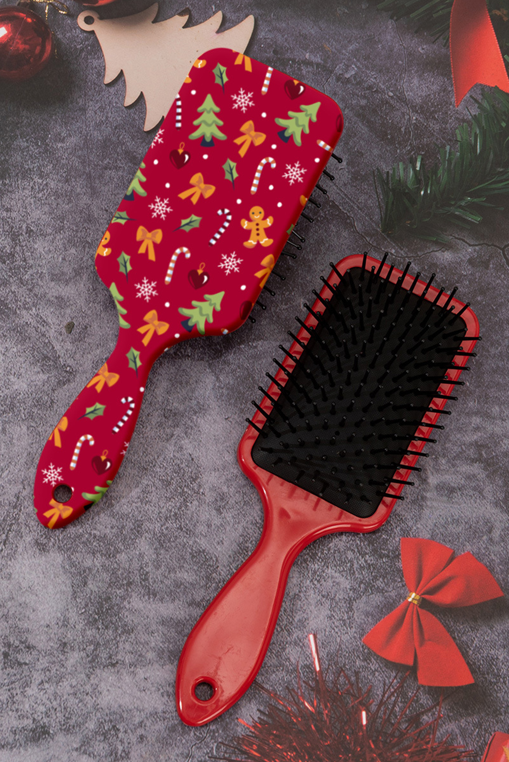 Racing Red Christmas Themed Print Paddle Hair Brush