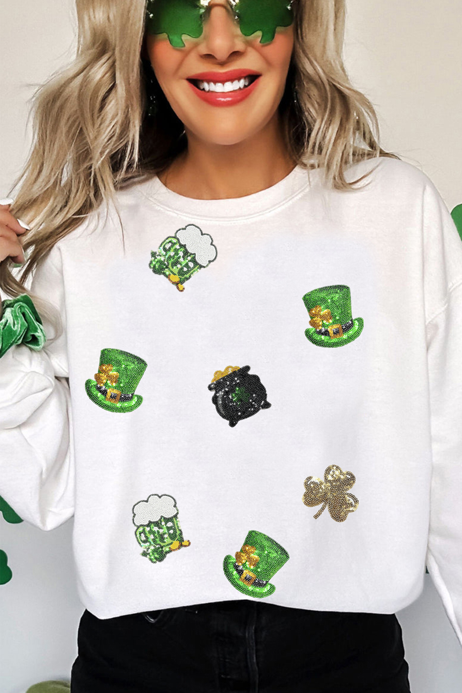 White Cheerful St Patricks Day Sequin Graphic Sweatshirt