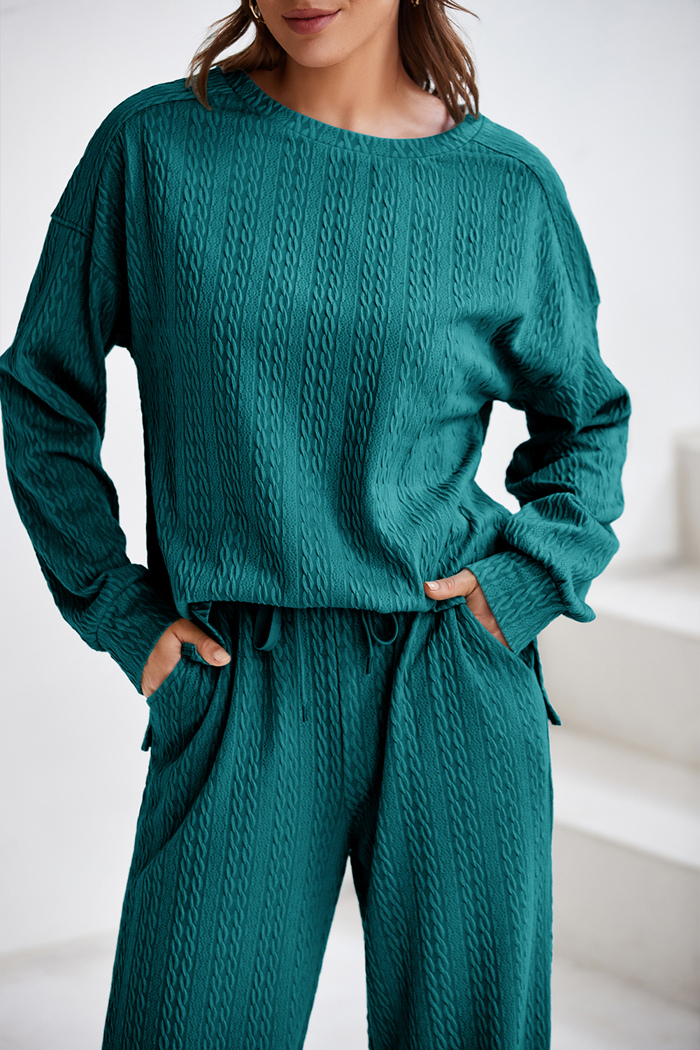 Smoke Green Textured Round Neck Sweatshirt & Loose Drawstring High Waist Pant Set