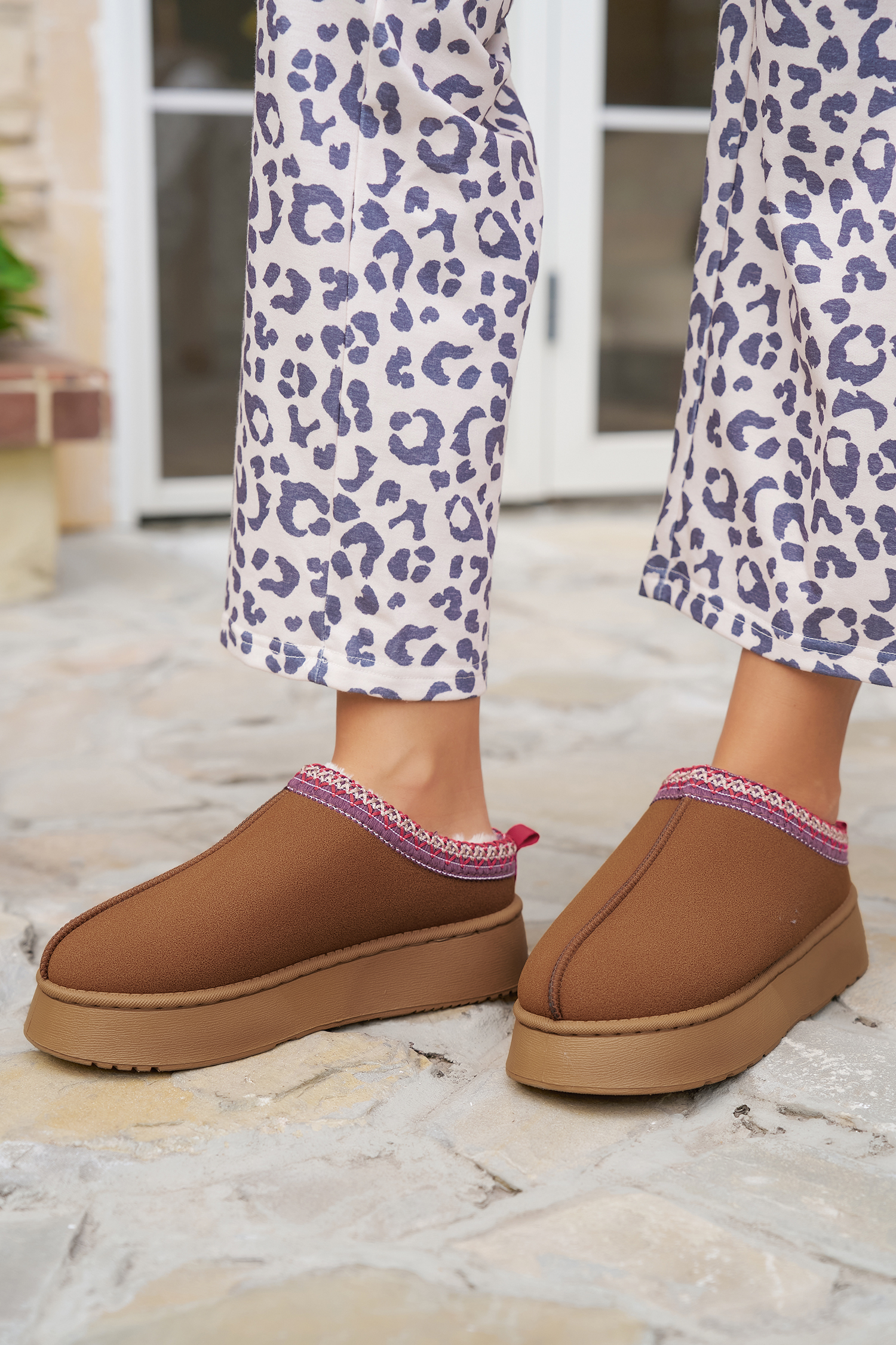 Chestnut Contrast Print Suede Plush Lined Snow Boots